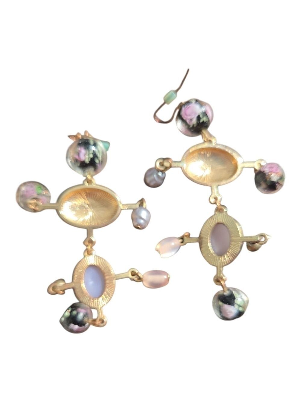 Boutique Gold and Pink Dangle Earrings Beads Victorian Boho - Picture 2 of 6